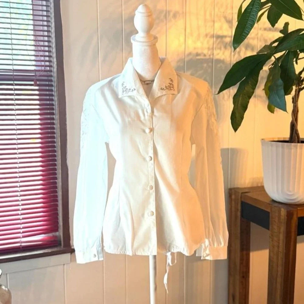 Vintage 80s 90s Lace Sleeve White Button Up Shirt Embroidered Coquette Blouse